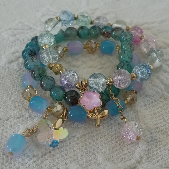 Sparkling Teal Beaded Charm Bracelet Set Blue Pink Flower Butterfly Cute Fairy - Picture 8 of 9